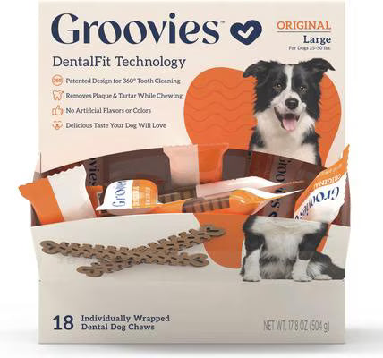 Groovies Original Large Chicken Flavor Dental Dog Chews, individually wrapped