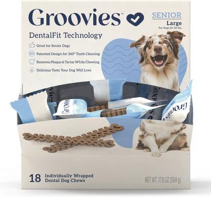 Groovies Senior Large Chicken Flavor Dental Dog Chews, individually wrapped