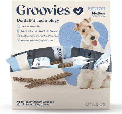 Groovies Senior Medium Chicken Flavor Dental Dog Chews, individually wrapped