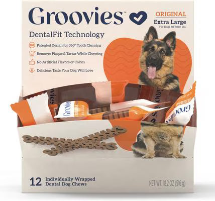 Groovies Original X-Large Chicken Flavor Dental Dog Chews, individually wrapped
